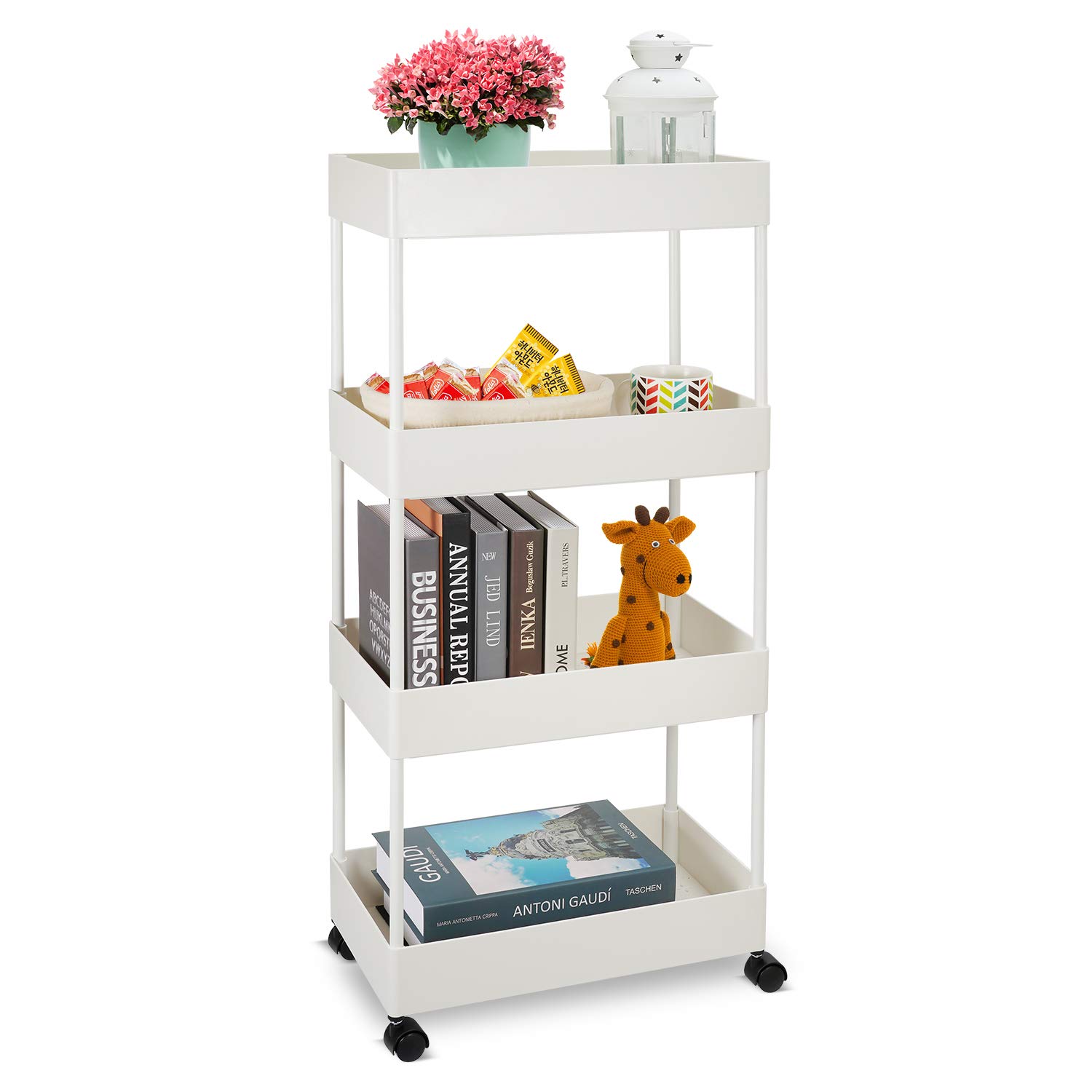 Narrow 4-Tier Rolling Utility Cart, Mobile Shelving Unit for Bathroom, Slide Out Storage Cart for Kitchen, Office, Bathroom, Laundry Room and Narrow Places