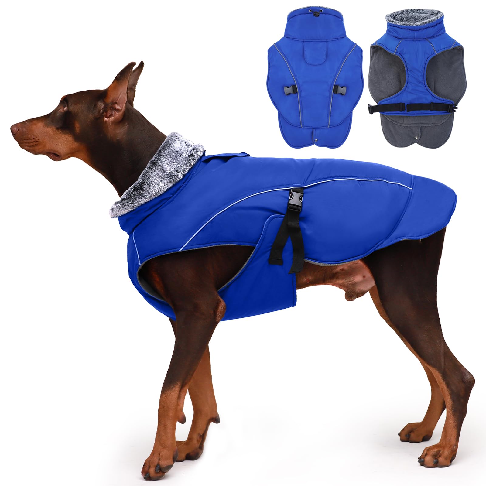 DENTRUN Dog Winter Coat - Warm, Waterproof Jacket for Large Dogs, Vest with Harness Hole & Reflective Strap (Blue, 3XL)