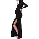 BUMPSUIT Maternity Maxi Dress Thigh High Slit, Women Long Sleeve Soft Stretchable Fabric Turtleneck Bodycon Pregnancy Dress