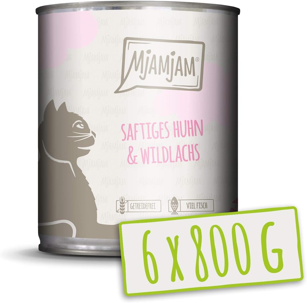 MjAMjAM - premium wet food for cats - juicy chicken and wild salmon, pack of 6 (6 x 800 g), grain-free with extra meat