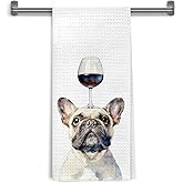 WDSFHYJK Funny Wine French Bulldog Kitchen Towels Decorative, Gifts for French Bulldog and Wine Lovers Hand Tea Towels for Bathroom, Frenchie Gifts for Women Men Dish Towel Dishcloth, 16x24 Inch