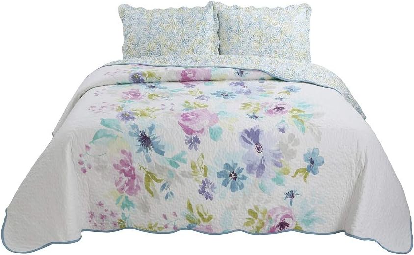vivinna home textile 3-Piece Fine Printed Quilt Set Colourful Garden Reversible Bedspread Coverlet Full/Queen