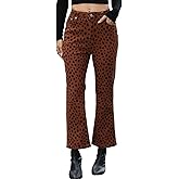 YEXPINE Women's Leopard Bell Bottom Jeans Cropped High Rise Stretchy Cheetah Print Demin Pants