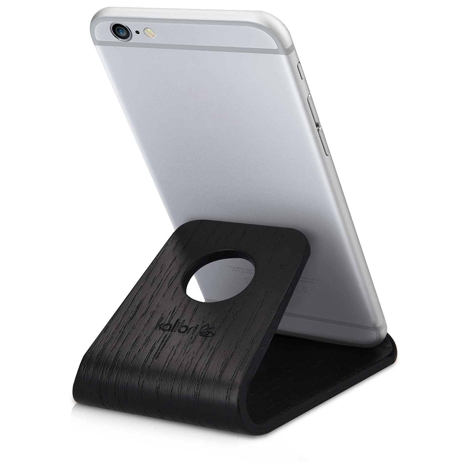 kalibri Wooden Phone Stand - Universal Mobile Phone and Tablet Holder Made of Real Wood - For Desk, Bedside Table, Night Stand - Black Oak