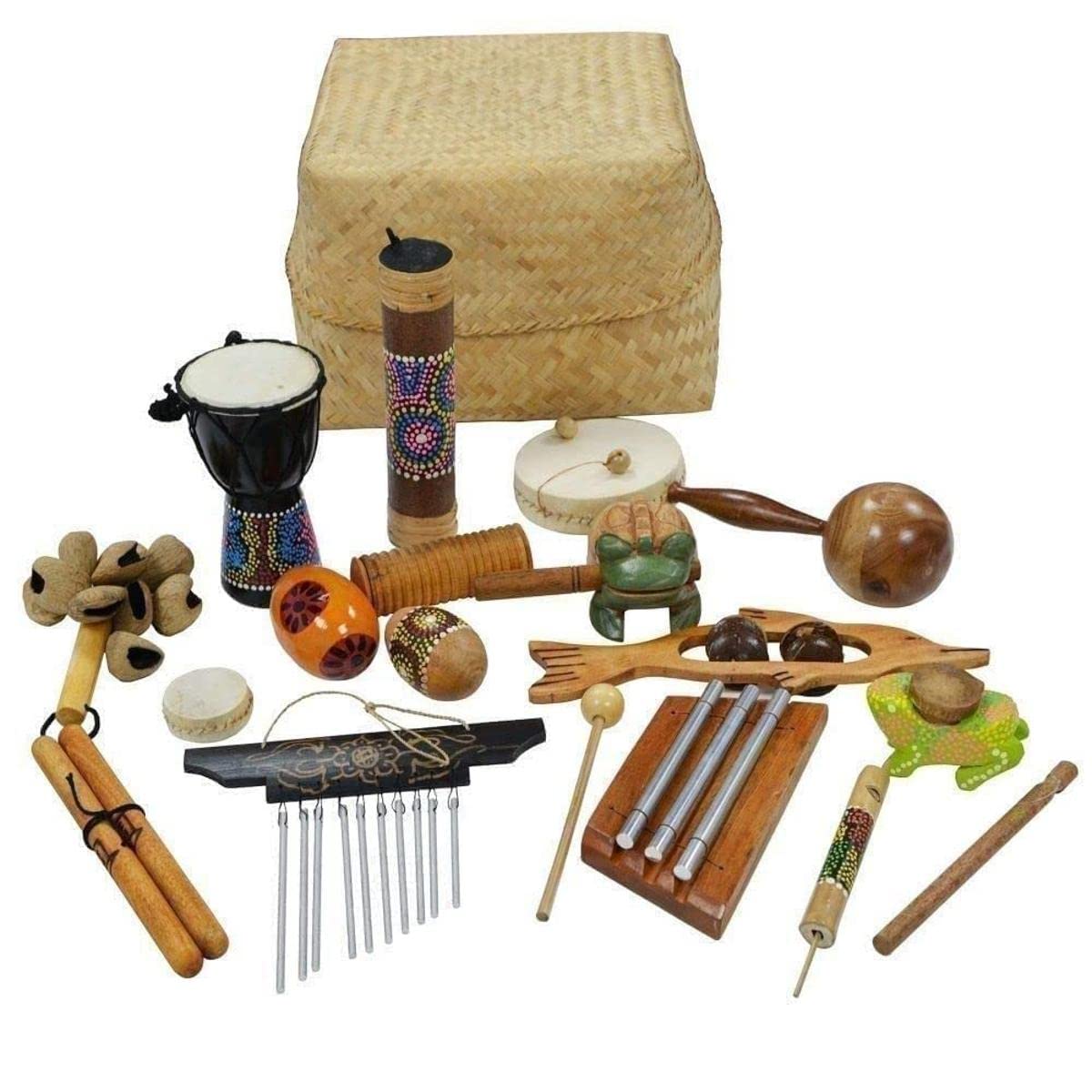 A-Star 15 Piece Multicultural Percussion Set in Basket, Hand Crafted Educational Musical Instruments for Children