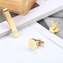 LOYALLOOK Gold Initial Cufflinks and Tie Clip Set