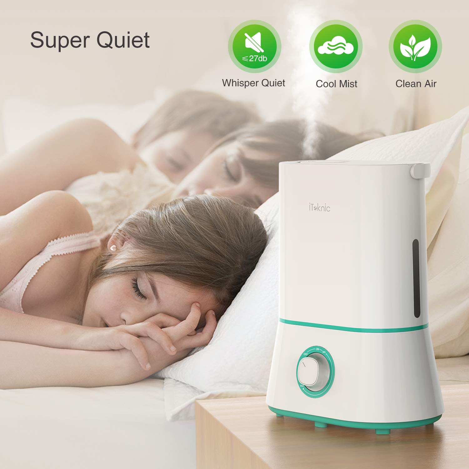 iTeknic Humidifiers, Upgrade Ultrasonic Cool Mist Humidifier for Bedroom Baby 12-50 Hours, Ultra Quiet, Easy to Clean, 360° Nozzle, Auto Shut-Off (4L/1.06 Gallon US 110V)