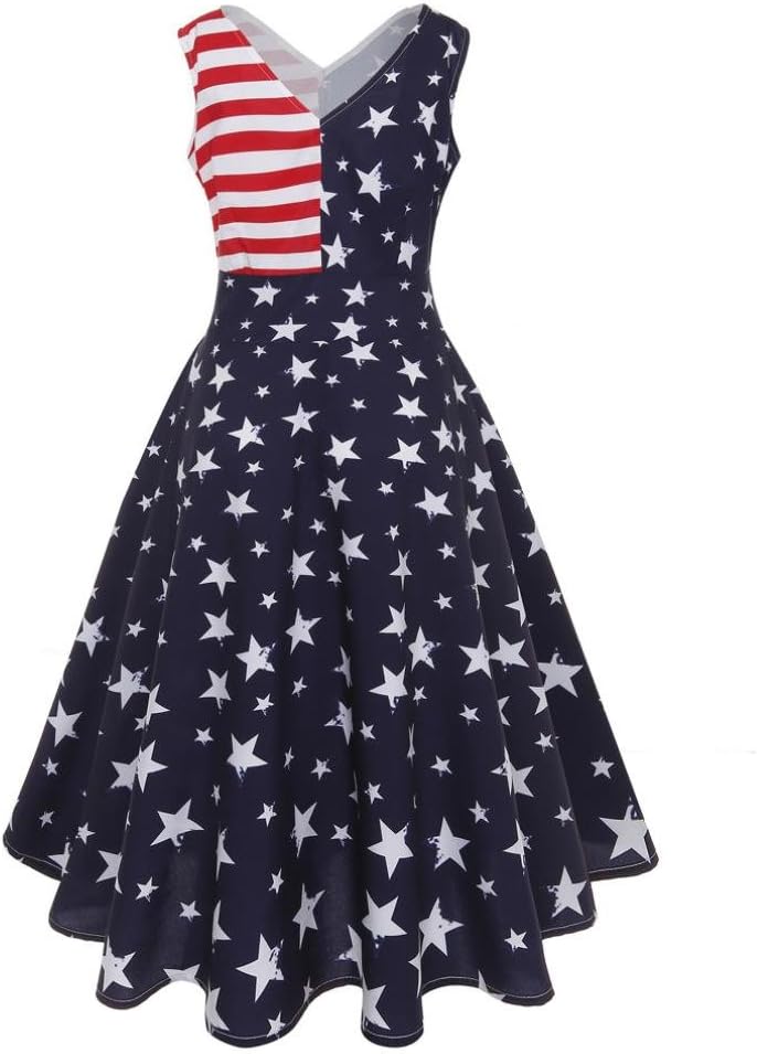 Fanteecy Womens Vintage American Flag Sleeveless V Neck Flare Evening Party Prom Swing Midi Dress
