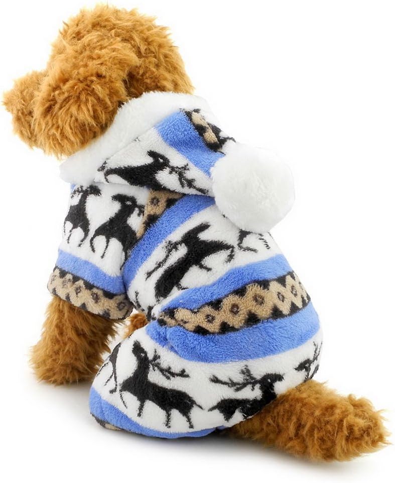 Ranphy Small Dog Cat Hoodeis Soft Velvet Reindeer Pattern Dog Pajamas Puppy Hoodie Hooded Jumpsuit Blue S - Image 4