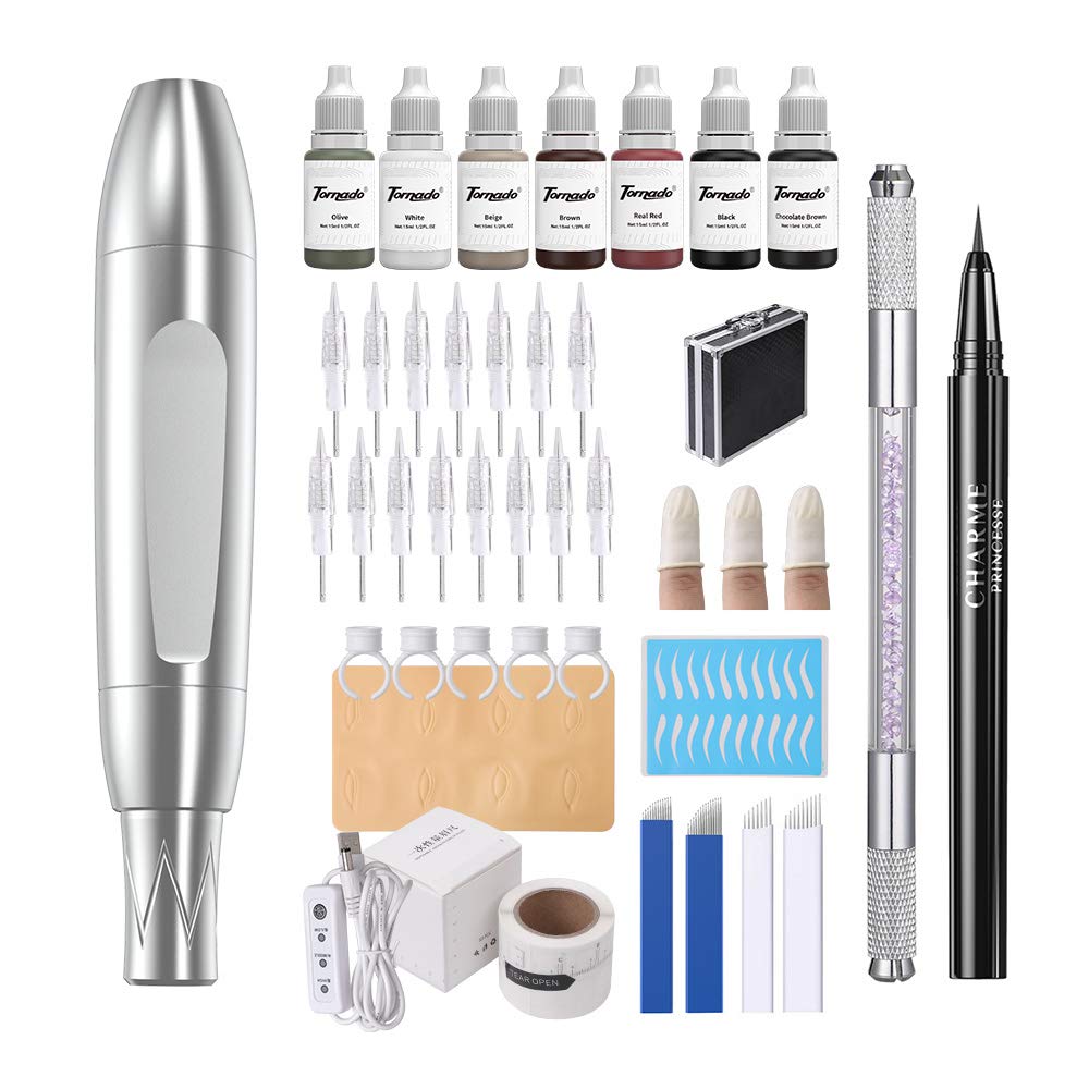 Charme Princesse Permanent Makeup Tattoo Machine Kit with 15pcs Cartridge Needles Microblading Manual Pen Eyeliner Eyebrow Ruler Practice Skin Ring Cup Microblading Supplies Pigments EK516