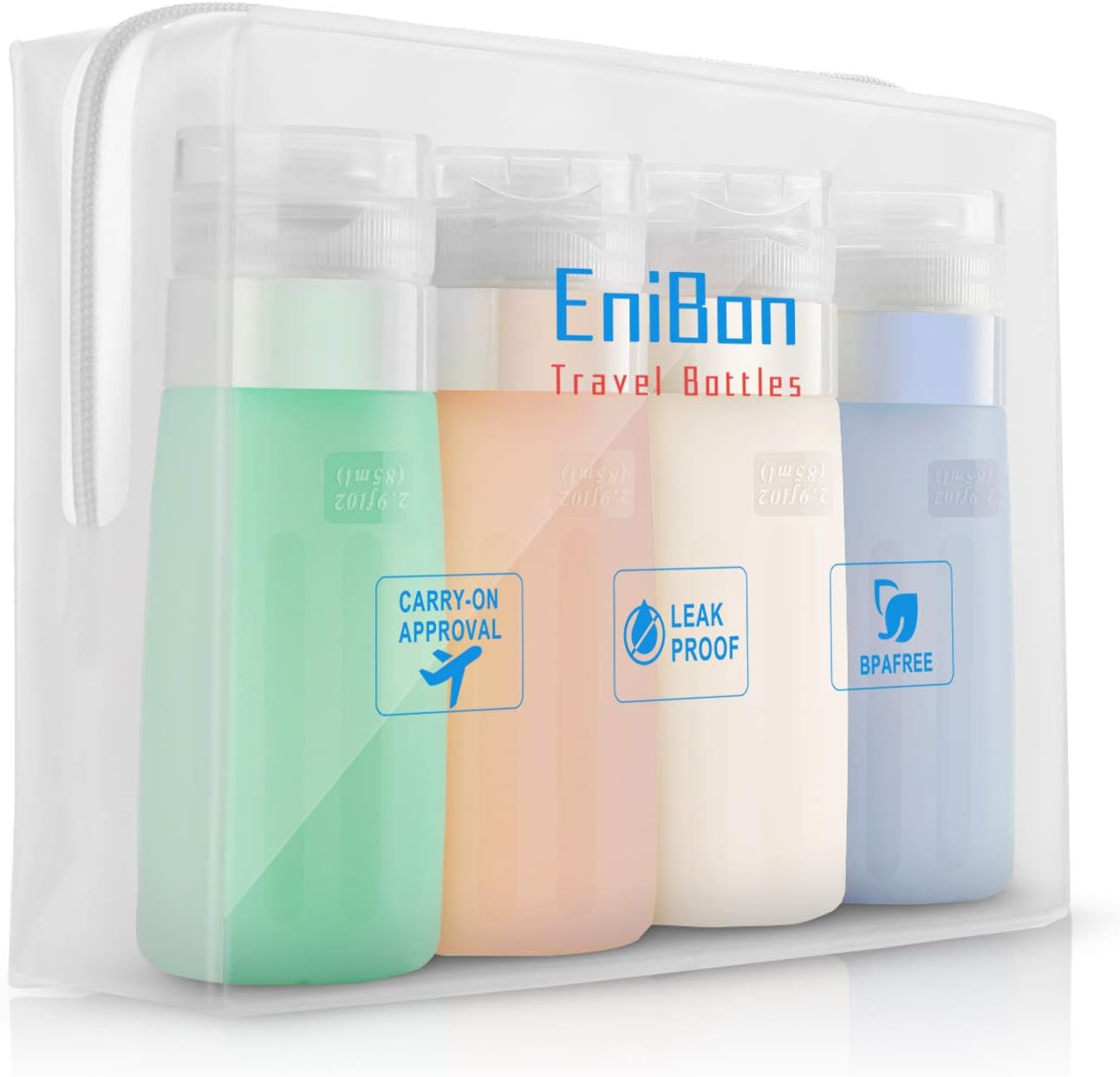 Enibon Travel Bottles TSA Approved Leak Proof, 4 Pack travel containers for toiletries with maximum 2.9 oz, idea for Business or Personal travel, fun outdoors.