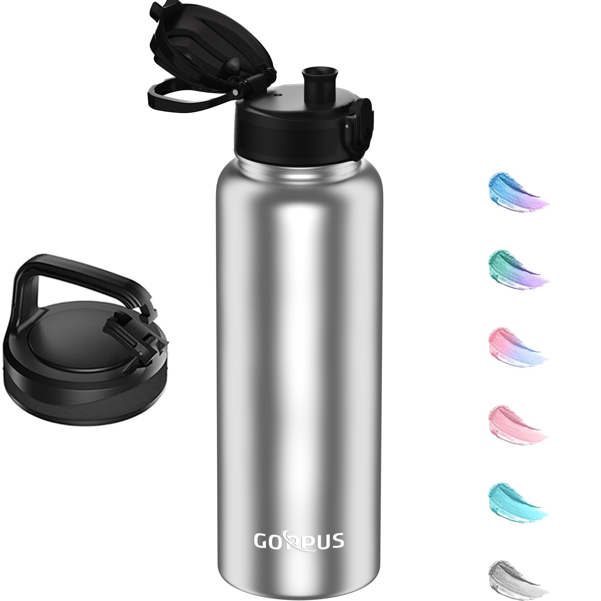 GOPPUS 1.2L/40oz Stainless Water Bottle (No Straw) with Screw Lid Double Wall Insulated Bottles with Strap Large Vacuum Thermal Flask Leakproof Keep Cold Drinks Bottles with Flip Top Lid BPA Free — image 1