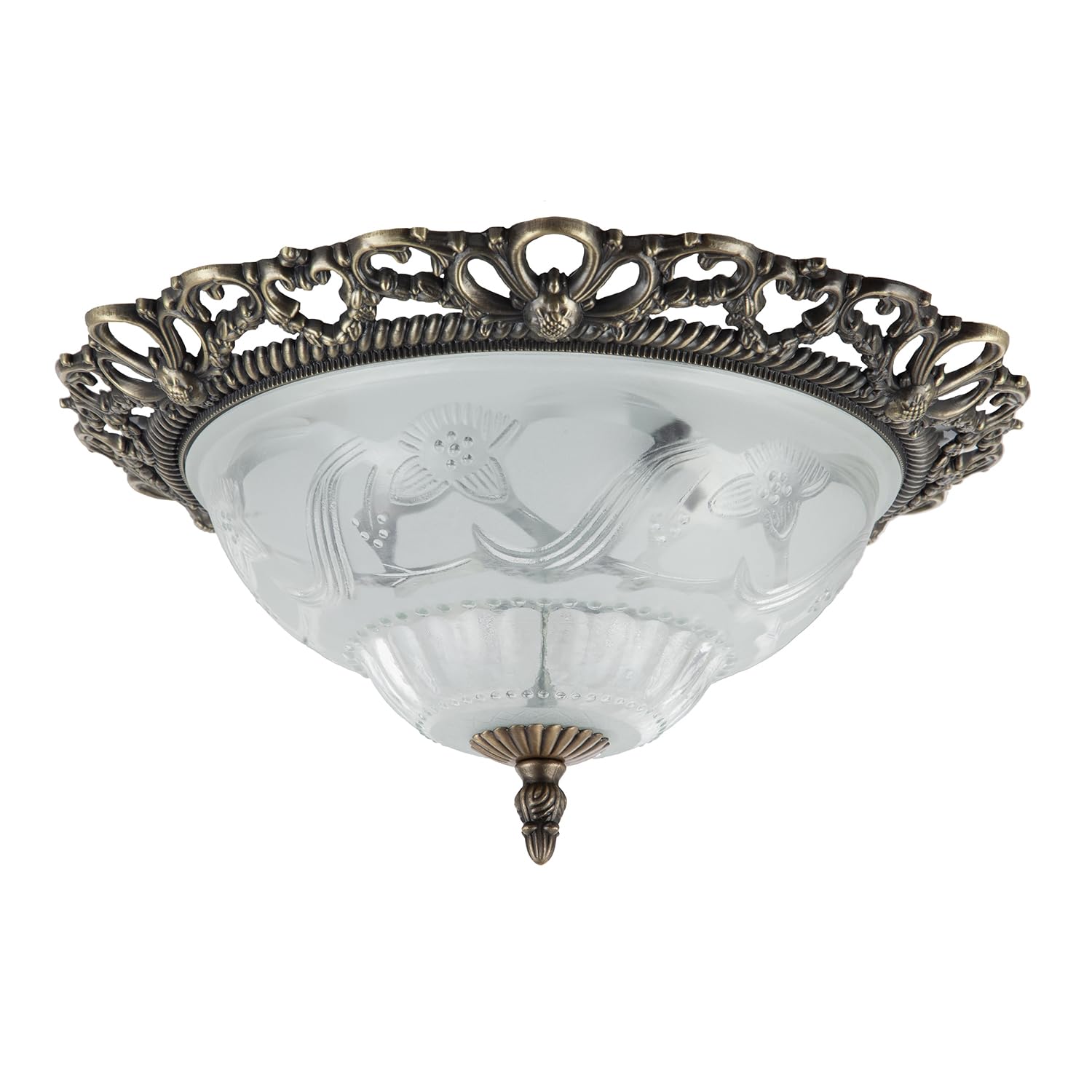 Happy Homewares Traditional and Classic Antique Brass and Floral Glass Flush Ceiling Light