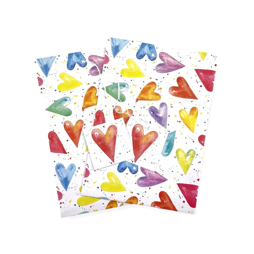 Hearts eco printed rainbow gift wrapping paper - Valentines -birthday - wedding - anniversary - 2 sheets of wrap and 2 strung tags