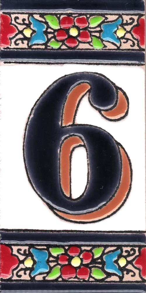 TORO DEL ORO House Numbers - Numbers & Letters on Enamel Ceramic Tile - Hand Painted Technical Dry Rope - Names & Address - Medium Flower Design 5.5 x 10.5 cm (Number Six"6")