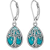 Turquoise Tree of Life Earrings for Women Sterling Silver Tree of Life Earrings Turquois Jewelry Dangle Drop Leverback Teardrop Birthday Gifts