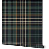 Peel & Stick Wallpaper Swatch - Dark Green Check Rustic Cabin Autumn Plaid Cozy Fall Forest Teal Blue Custom Removable Wallpa
