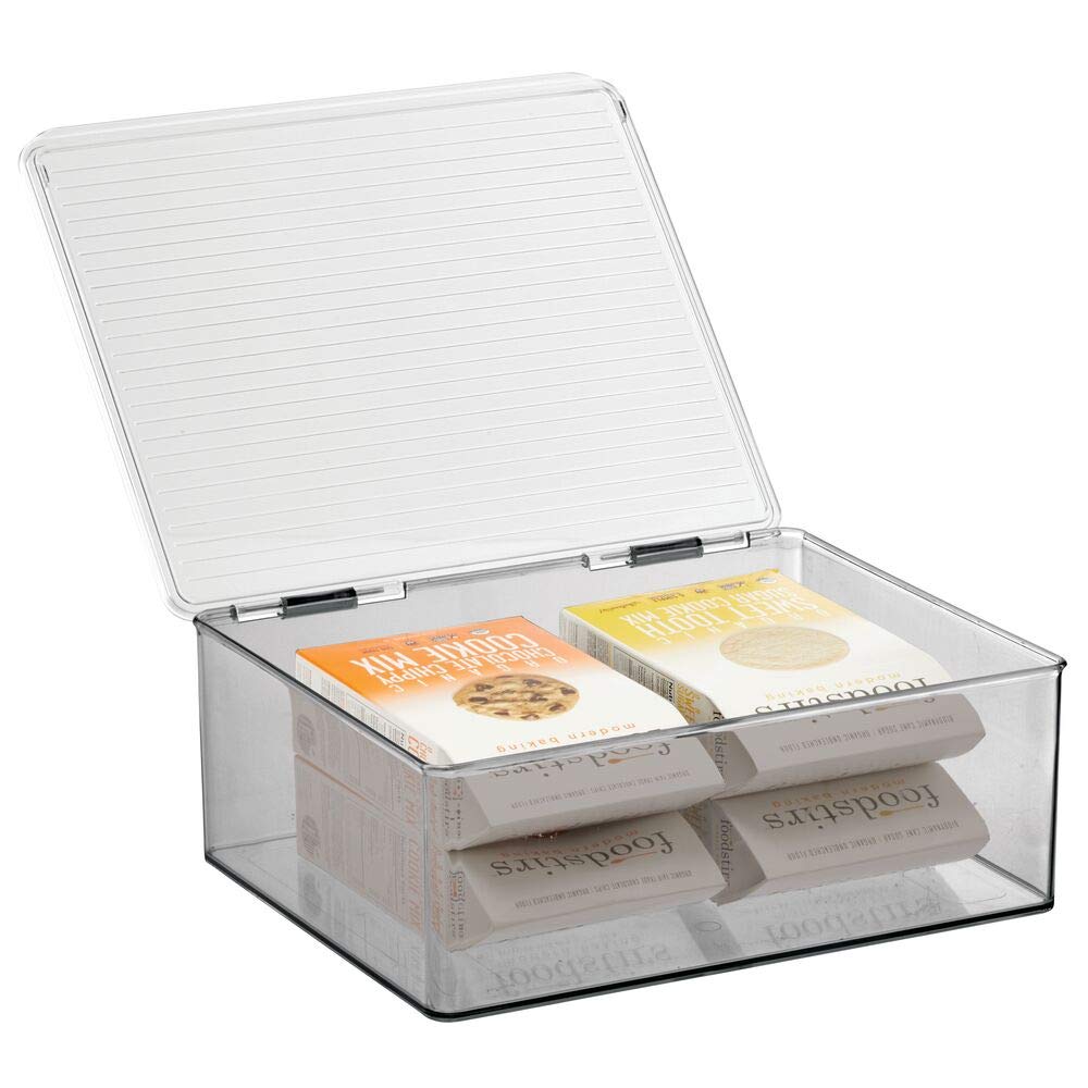 mDesign Plastic Stackable Kitchen Pantry Cabinet/Refrigerator Food Storage Container Box, Attached Lid - Organizer for Coffee, Tea, Packets, Snack Bars - BPA Free, Food Safe, - Clear/Smoke Gray