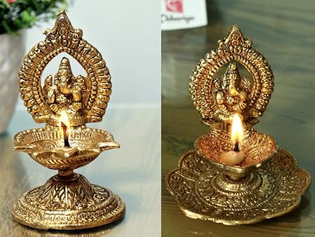 Chhariya Crafts Combo Ganesha Diya for Home and Office Temple Metal Table Diya (Height: 4.5 inch, Set of 2 Diya)