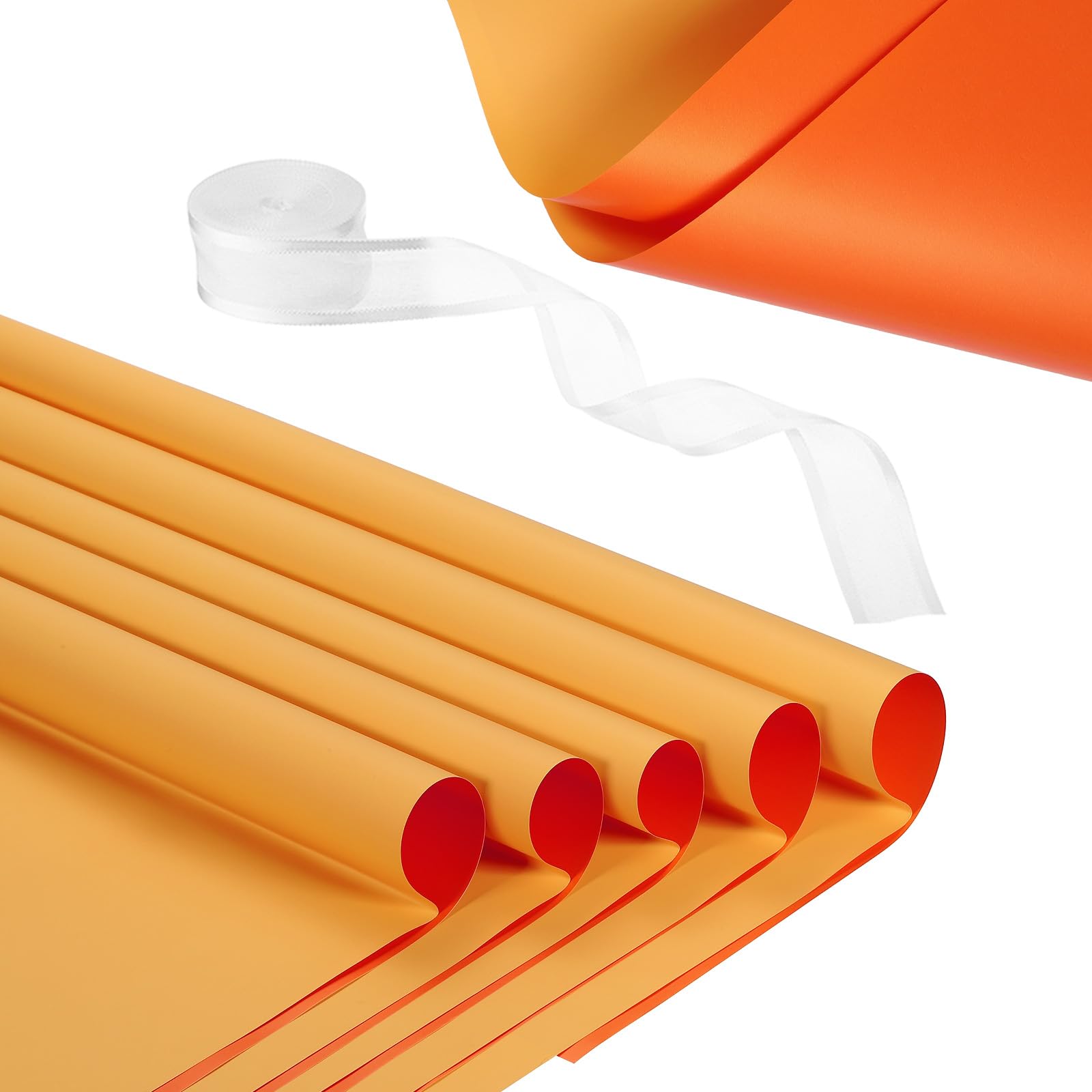 PATIKIL 20 Sheets Flower Wrapping Paper, Waterproof Flower Paper Wraps with Ribbon Floral Bouquet Supplies for DIY Crafts Packaging Bouquet, 22.8x22.8 Inch, Lemon Yellow/Orange