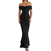 URYIAO Off Shoulder Maxi Dress for Women Ruched Bodycon Formal Wedding Guest Long Dresses