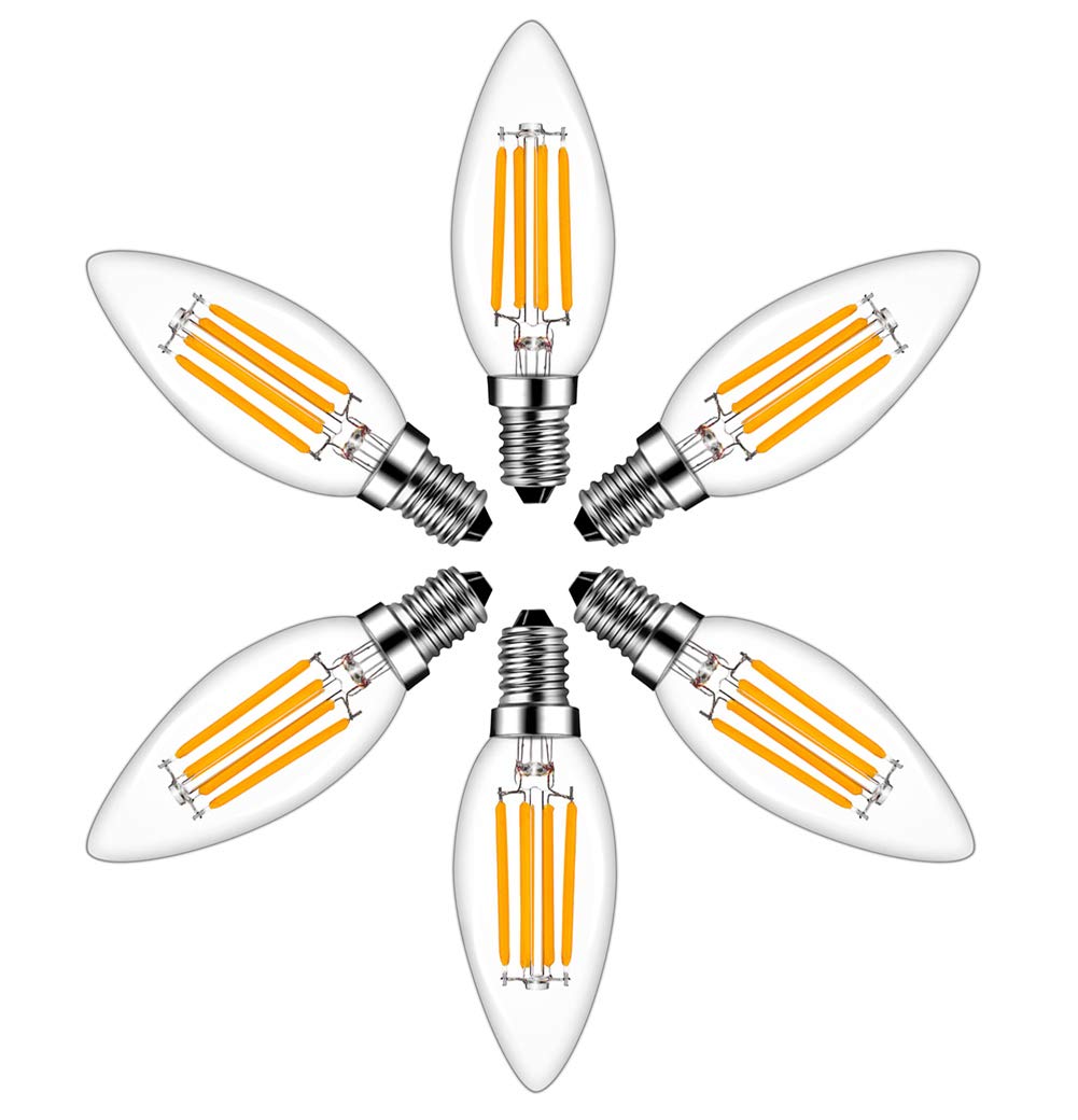 RANBOO E14 LED Filament Bulbs 4W, 40W Clear Candle Bulbs Equivalent, Warm White 2700K Candelabra E14 SES Bulb, Non-Dimmable, 400Lm, LED Light Bulb, Small Edison Screw Candle Light Bulbs, 6-Pack