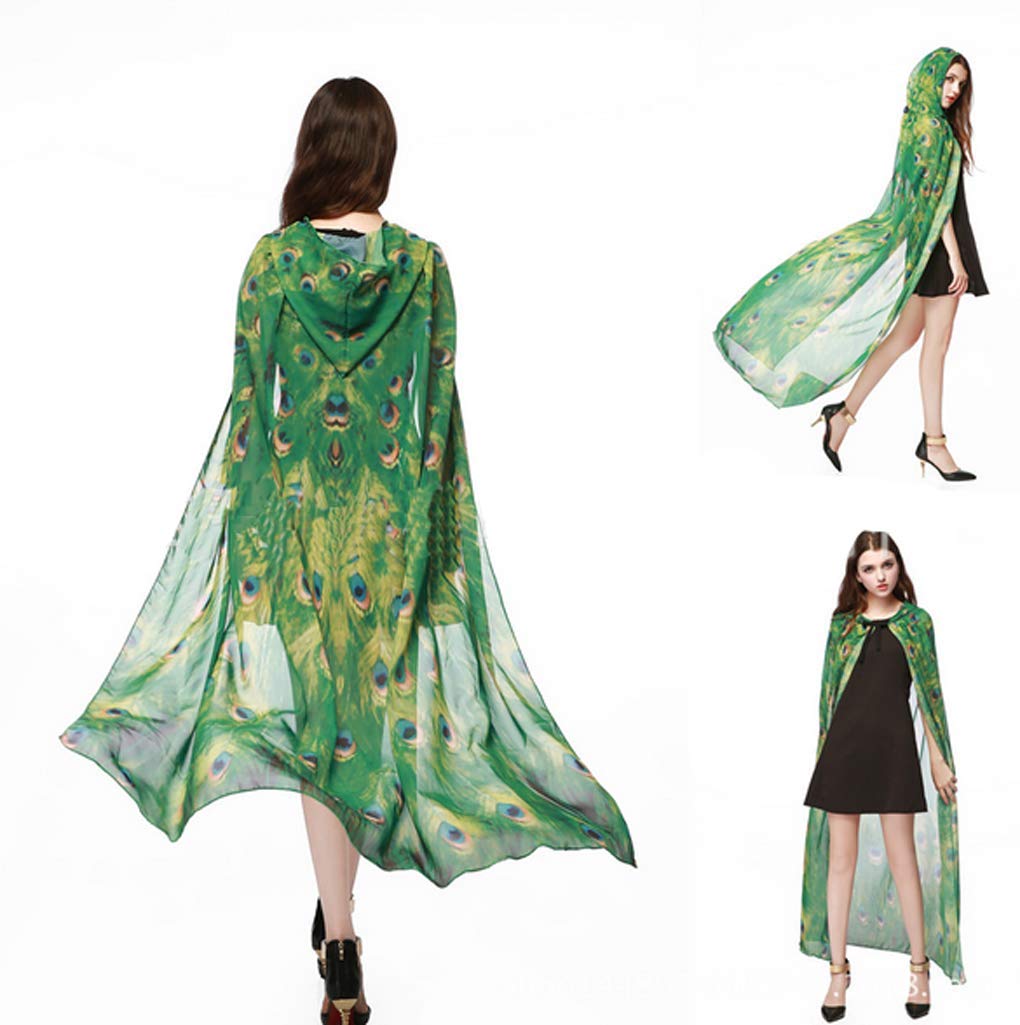 Moonlove Adults Long Hooded Halloween Cape Cloaks Thin Chiffon See-through Wizard Cosplay Costume With Hat Cap for Women Fairytale Fancy Dress Robe Costume for Halloween Cosplay Party, Green Peacock