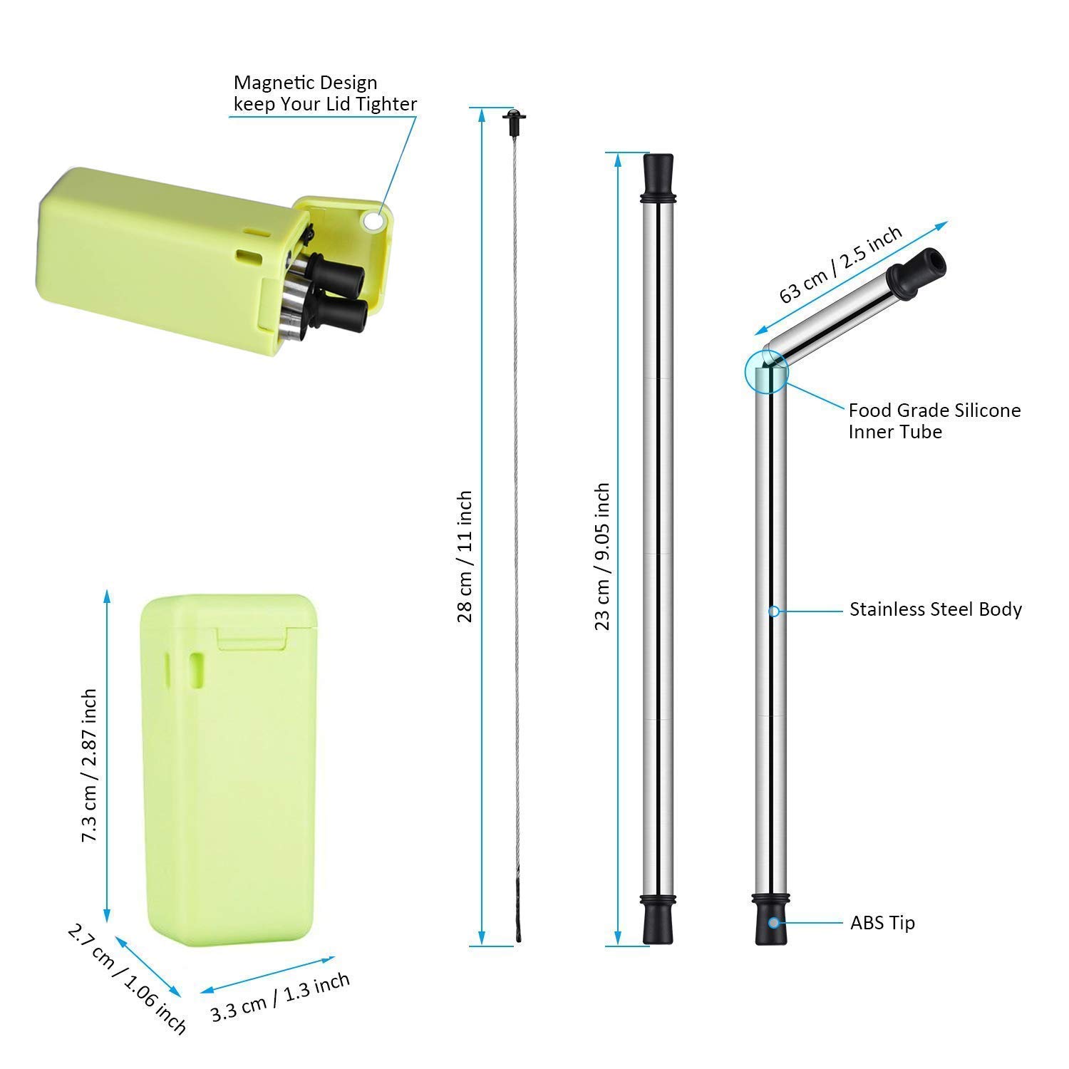 Flysea Collapsible Reusable Drinking Straw, Stainless Steel Food-Grade Folding Straws Portable Travel Straws with Hard Case Holder & Cleaning Brush BPA Free, 1 Pack of Green