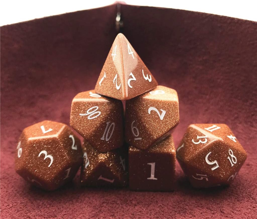 Momostar Set of 7 Stone Dice for RPG,Dungeons & Dragons Dices Handmade by Natural Gemstones. (Font C Gold Sandstone)