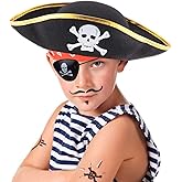 D-Fokes 2 Packs Kids Felt Pirate Hat - Tri Corner Pirate Party Hat - Skull Print Pirate Captain Costume - Party, Birthday, Halloween Accessories with Eye Patch