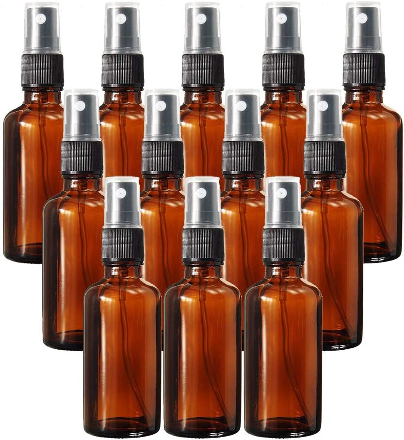 Adabocute 12 pack Refillable 50ml Amber Glass Spray Bottle for Essential Oils, Empty Fine Mist Spray Bottle for Cleaning Products, Aromatherapy Sprays, Alcohol, Disinfectant