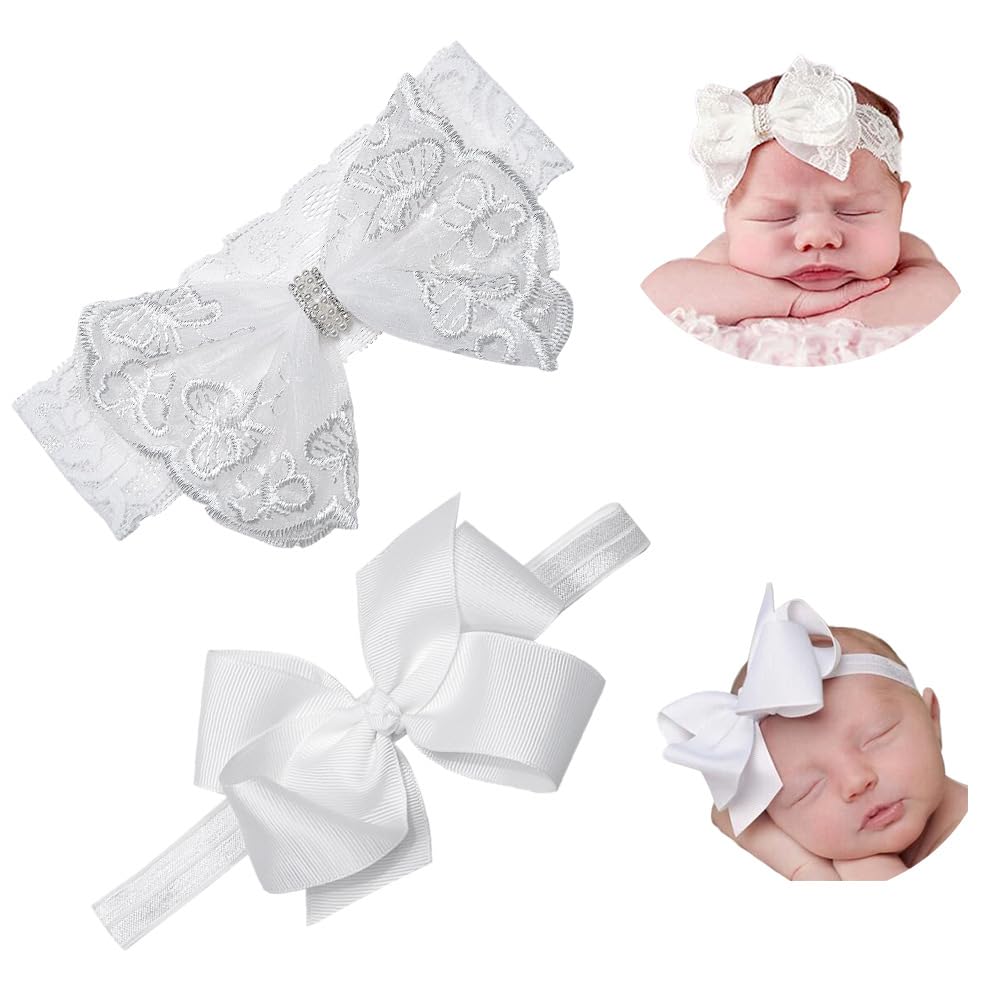 Nishine 2 Pack Christening Baby Baptism Headband with White Bow Hair Band for Children (Bowknot - Pack of 2)