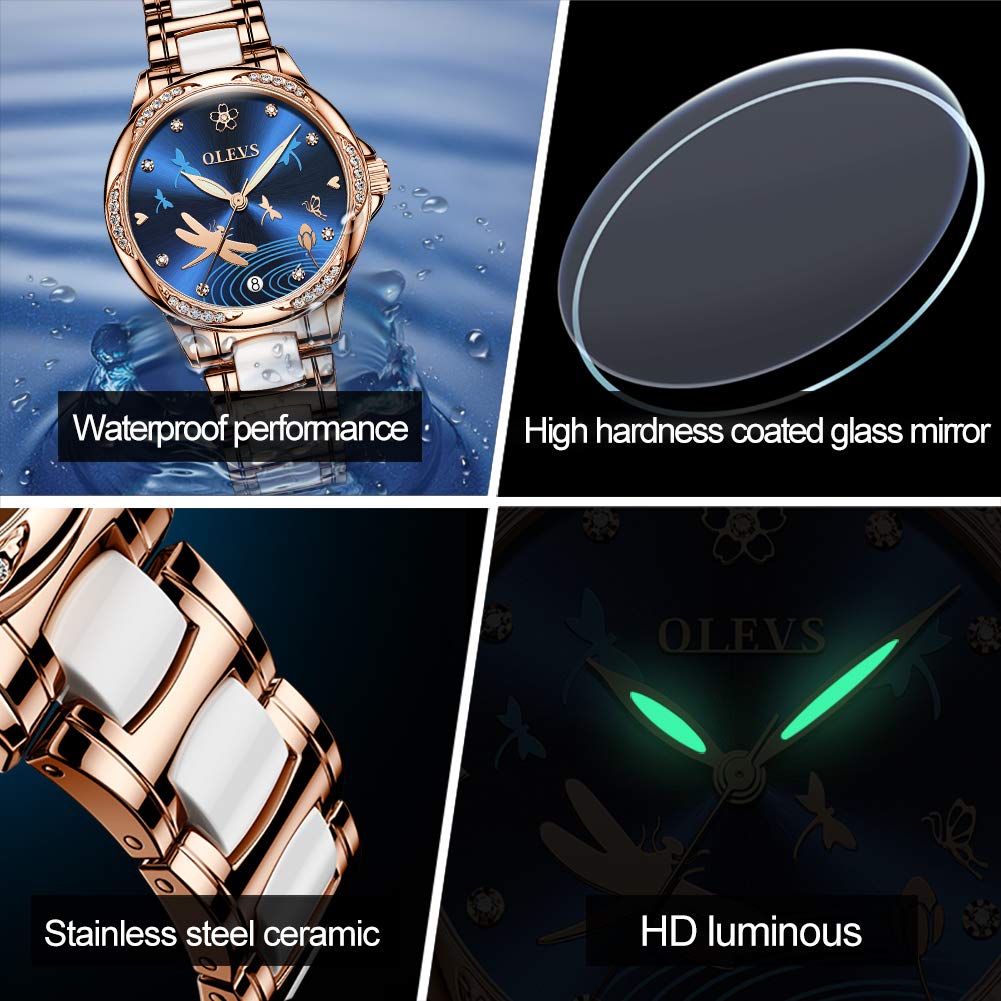 OLEVS Watches for Women Automatic Mechanical Self Winding Rose Gold Ladies Watch Diamond Dress Ceramic Bracelet Waterproof Female Wrist Watch