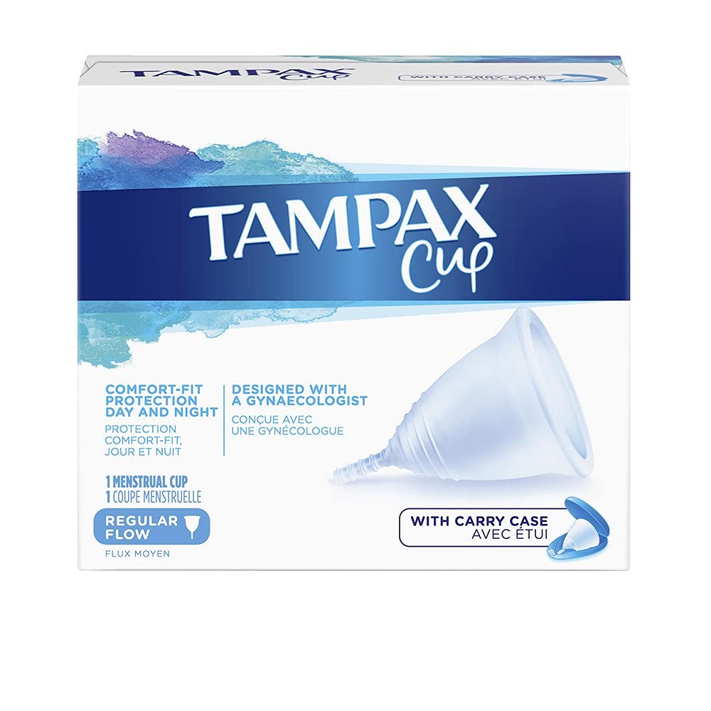 Tampax Cup Tampax Regular Flow, Menstrual Cups, Comfort-fit Protection, Day and Night, Made with 100% Medical Grade Silicone, Clinically Tested, Easy Cleansing, Reusable, Supplied with a Carry Case