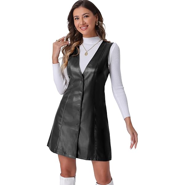 Allegra K Faux Leather Trench Coat for Women's 3/4 Sleeve Button Down V  Neck Party Club Midi Dresses Small Brown at Amazon Women's Clothing store