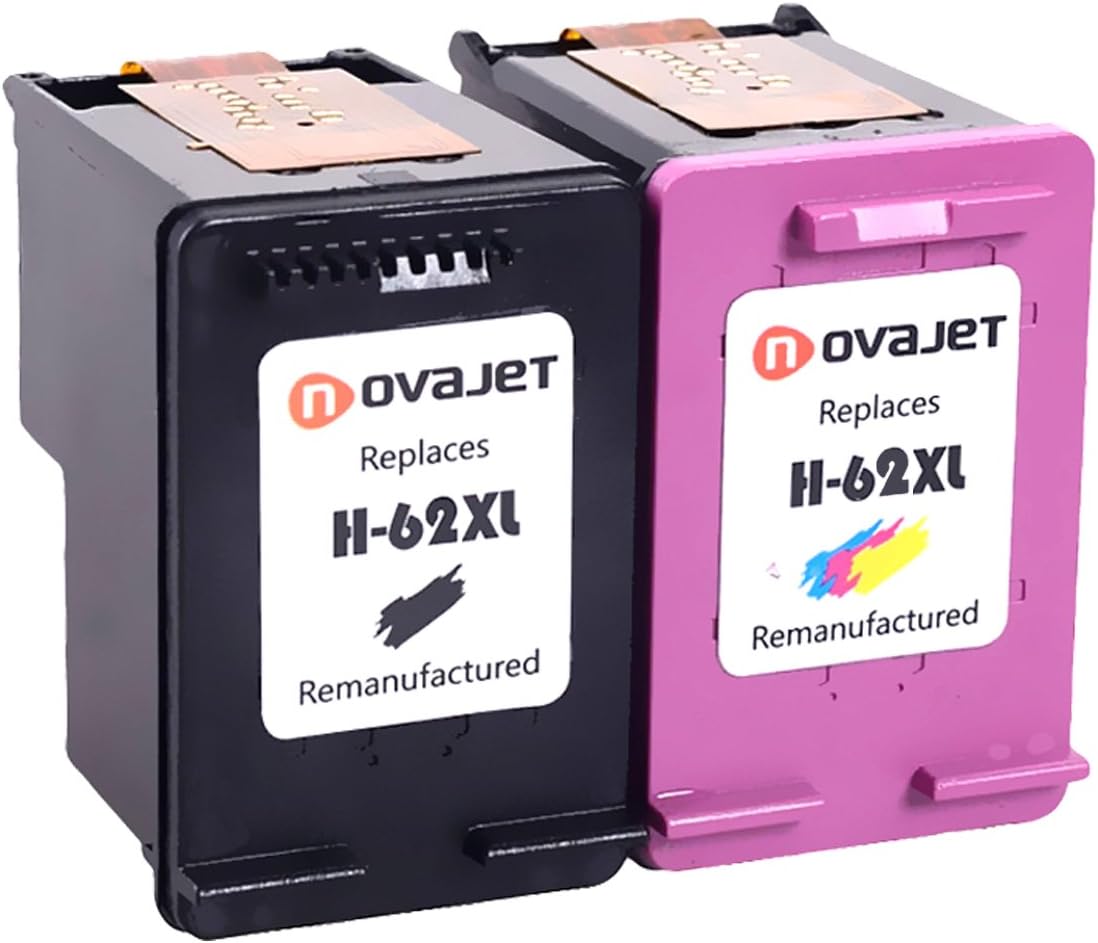 Novajet Remanufactured Ink Cartridges Replacement for HP 62XL 62 XL High Yield Ink Cartridges (1 Black, 1 Tri-colour) Compatible for HP ENVY,HP OfficeJet Printer