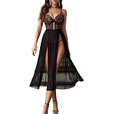 Avidlove Sexy Lingerie for Women Lace Mesh Babydoll Chemise Nightgown Dress | Side Split, Mesh, Sheer, Deep V Neck, Maxi, Sleepwear for Valentine'S Day, Wedding Night, Honeymoon, Christmas, Boudoir Shoot