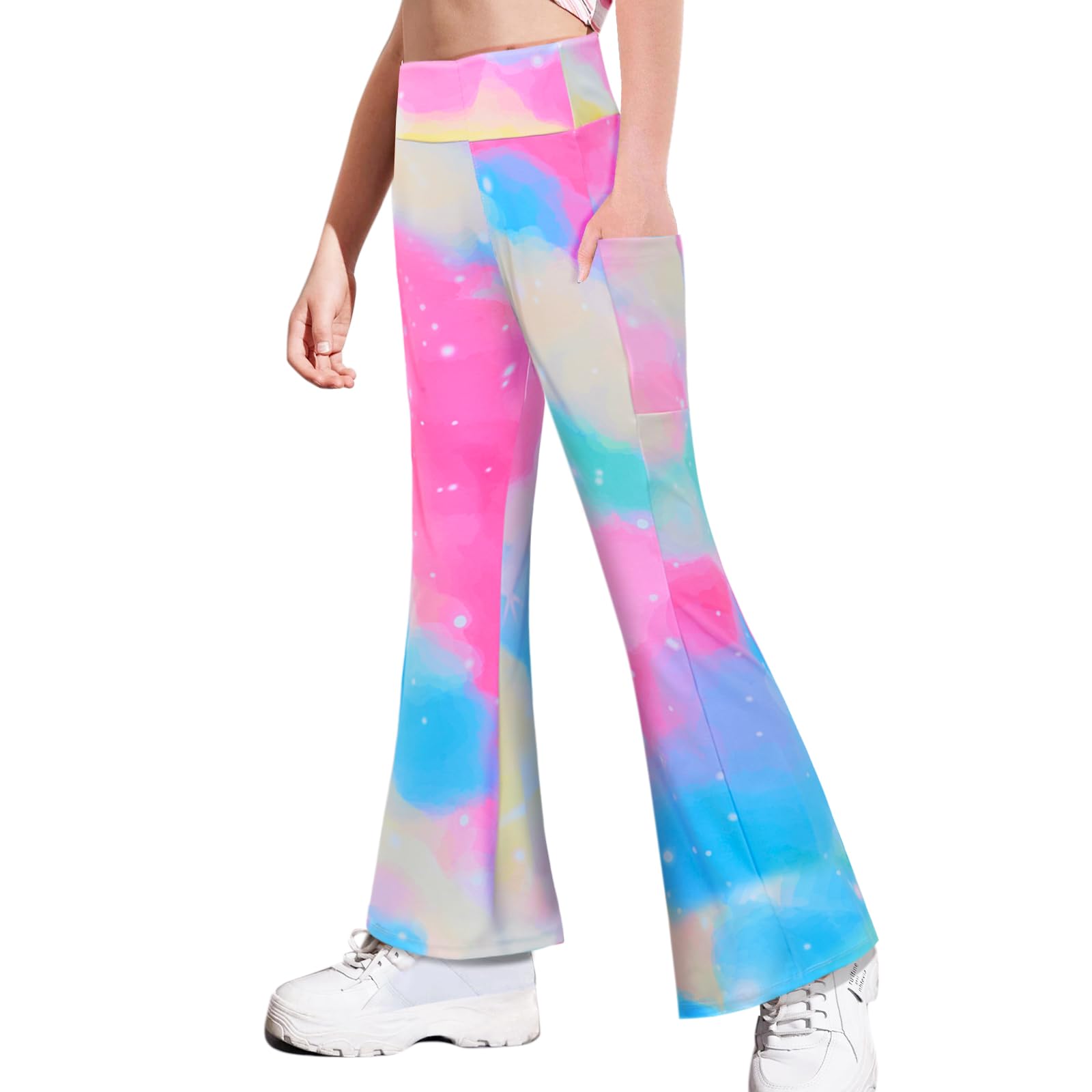 Photo 1 of Nidoul Girls Flare Leggings with Pockets High Waisted Bell Bottoms Bootcut Pants for Kids Child Yoga Dance,Pink Tie Dye, Size 11-12