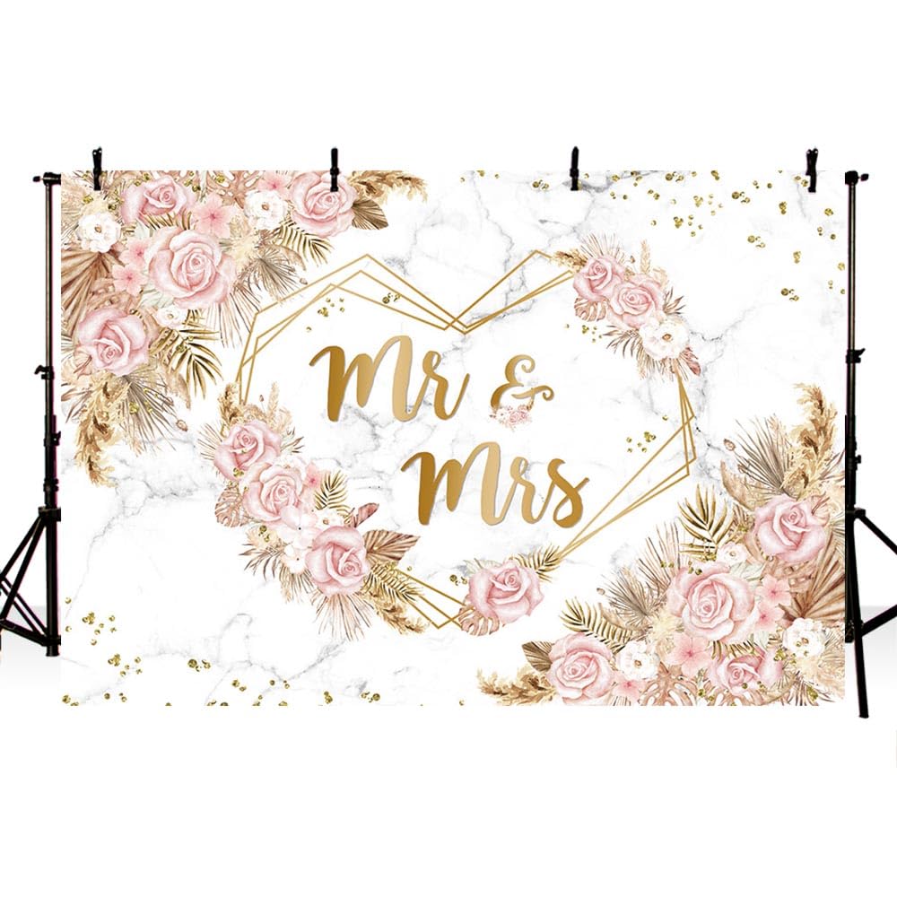 AIBIIN 7x5ft Bohemian Pink Flower Mr.&Ms. Party Background For Engagement Ceremony Couple Wedding Anniversary Portrait Photography Background Banner Studio Props