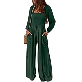 AUXDIO Womens Casual Square Neck Long Sleeve Jumpsuits Loose Smocked Wide Leg Romper with Pockets