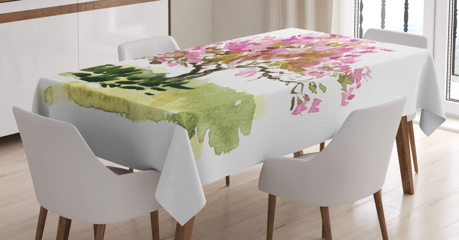 ABAKUHAUS Japanese Tablecloth, Cherry Blossom Watercolor Sakura Leaves Sketch Foliage, ining Room Kitchen Rectangular Table Cover, 54 W X 78 L, Reseda Green Green