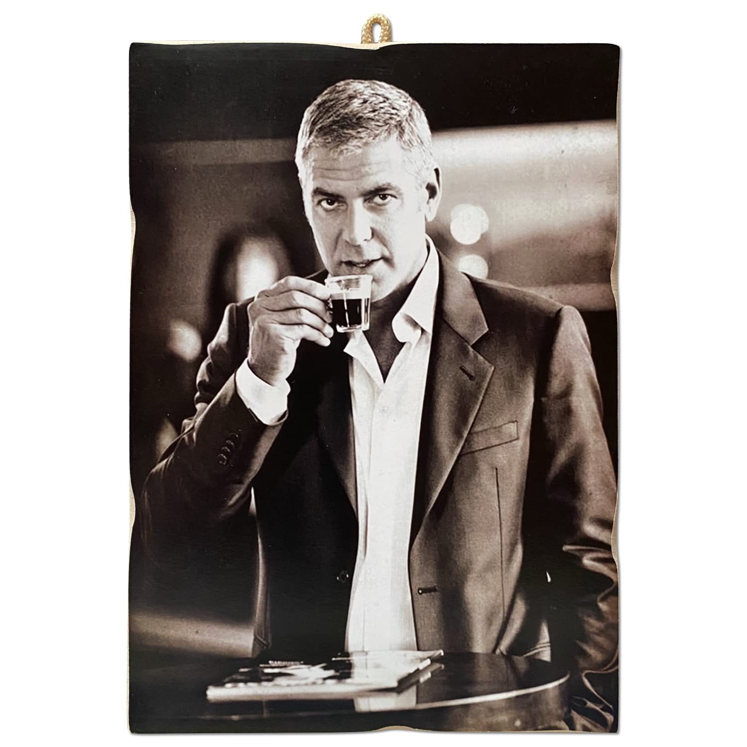 KUSTOM ART CUCUBA Painting Vintage Style Actors & Coffee Series George Clooney Wood Print 18x25 cm.