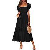 MASCOMODA Womens Summer Casual Midi Dress Square Neck Ruffle Short Sleeve Smocked High Waist A Line Wedding Guest Dresses