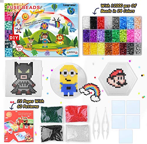 12000 Fuse Beads Kit With 24 Colors - DIY Art Craft Toys For Kids With Pegboards & Patterns