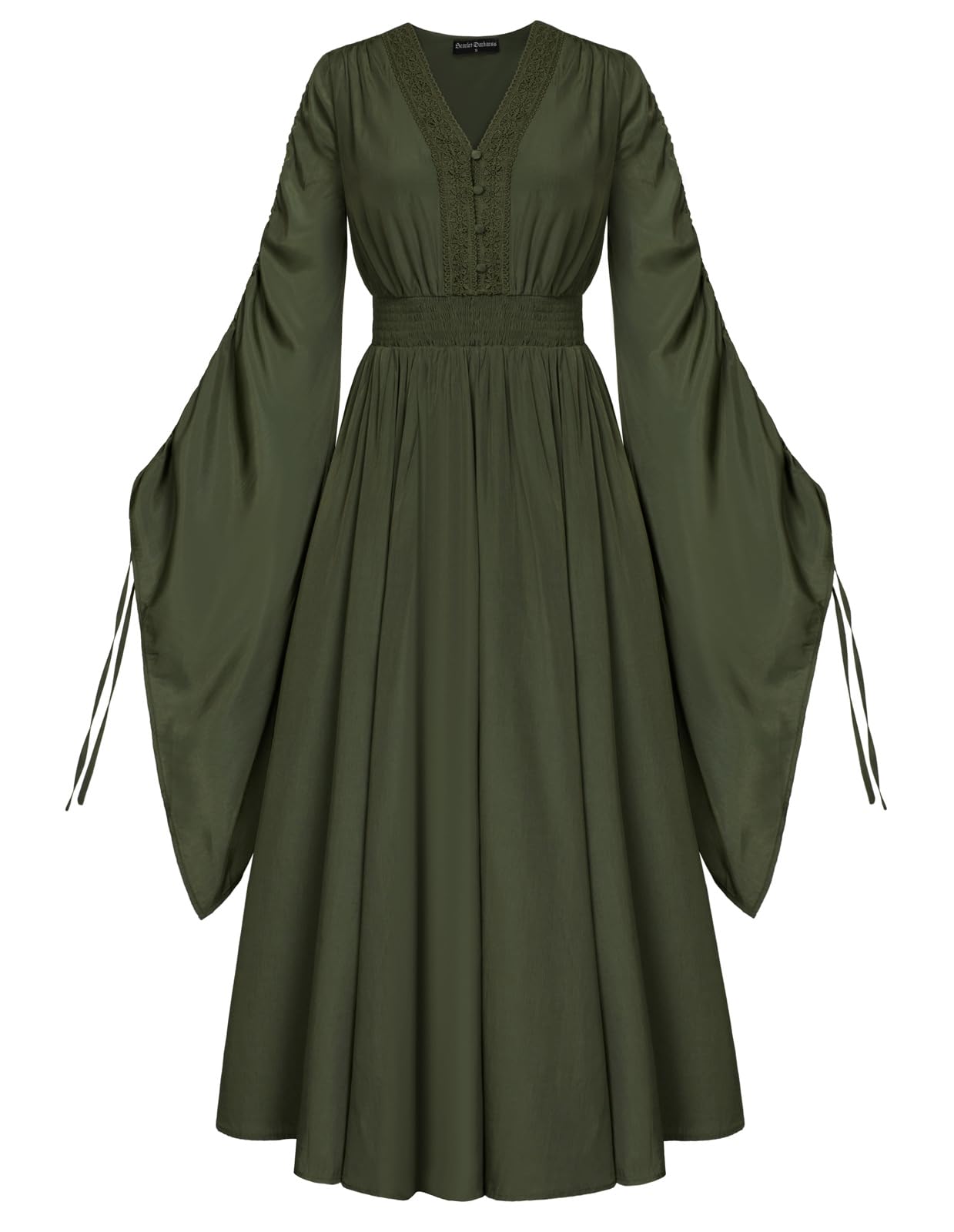 Photo 1 of Scarlet Darkness Renaissance Costume Women Elf Fairy Dress Drawstring Bell Sleeve Long Medieval Dress Army Green M