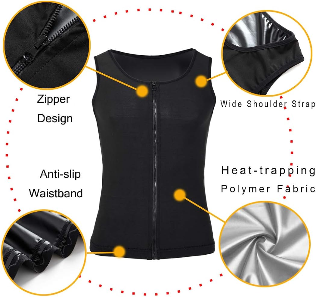 FLORATA Men Waist Trainer Vest Hot Sweat Sauna Suit Corset Body Shaper Zipper Tank Top Workout Shirt : Clothing