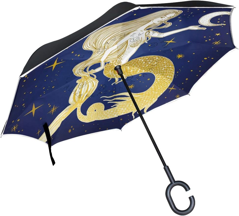 ALARGE Inverted Reverse Umbrella Sea Mermaid Galaxy Star Moon, Rain Umbrella Windproof Double Layer C Shaped Handle Handsfree for Car Men Women Kids