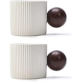 CLASGLAZ Ceramic Mini Espresso Cups Demitasse Cups with Round Wooden Handle Vertical Stripes Tea Cups (white, 2pcs)
