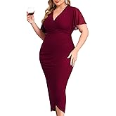 ZOMVA Plus Size Bodycon Formal Dress Sparkly V-Neck Wrap Midi Ruffle Sleeves Cocktail Prom Glitter Wedding Guest Dress