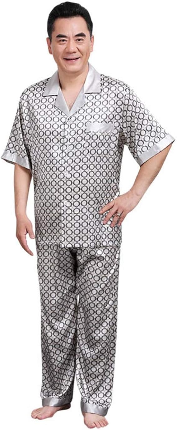 Amazon 実りの秋 パジャマ メンズ シルク 父の日 半袖 ロングパンツ 前開き 上下セット ゆったり 通気性 部屋着 寝間着 ルームウェア 便利服 寝巻き リラックス 良い肌触り 夏 彼氏 旦那 父誕生日プレセント グレー L パジャマ 通販